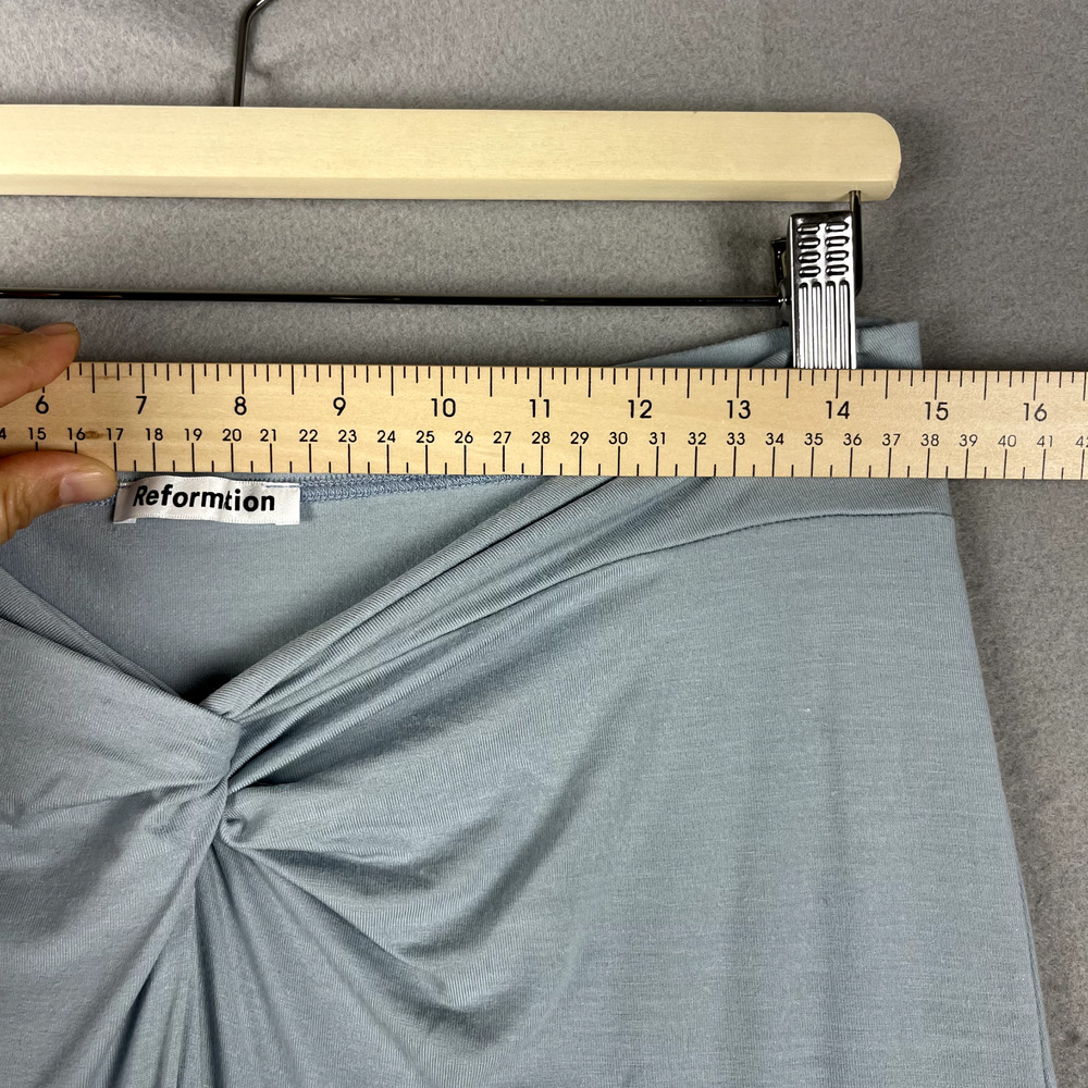 Reformation Rylan Midi Skirt Womens Large Blue Twist Front Knot Ruched Pull On - Picture 6 of 15